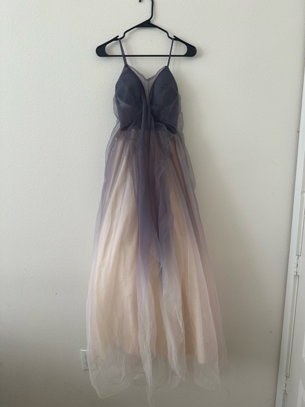 Tulle Ombre Spaghetti Strap Gown in Dusty Blue and Blush